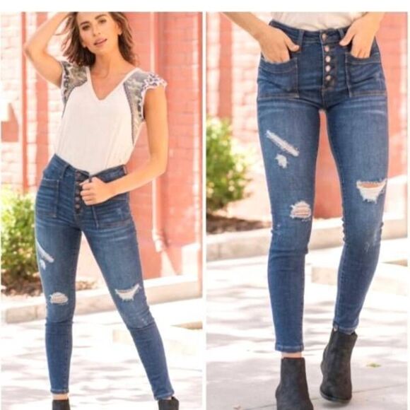 Judy Blue High Rise Button Fly Cargo Pocket Distress Skinny Jeans Sz 13/31 - Picture 1 of 5